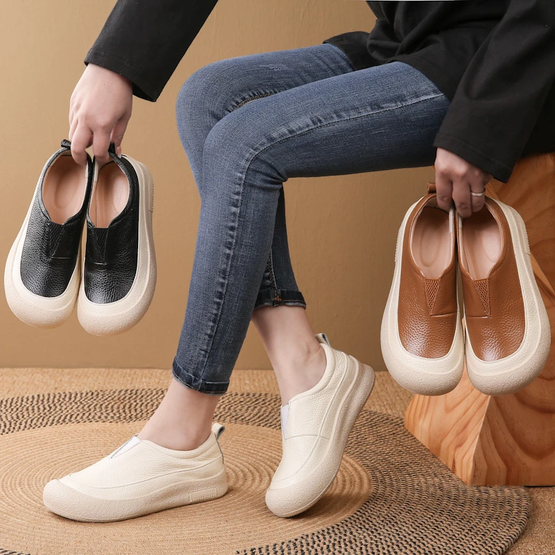 复古真皮女单鞋软底软面圆头防滑妈妈鞋平底一脚蹬中老年舒适皮鞋