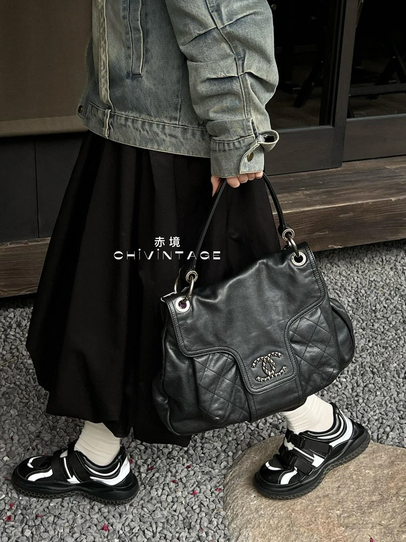 95新 Chanel/香奈儿 9814 黑色熔岩菠萝扣机场单肩09-10