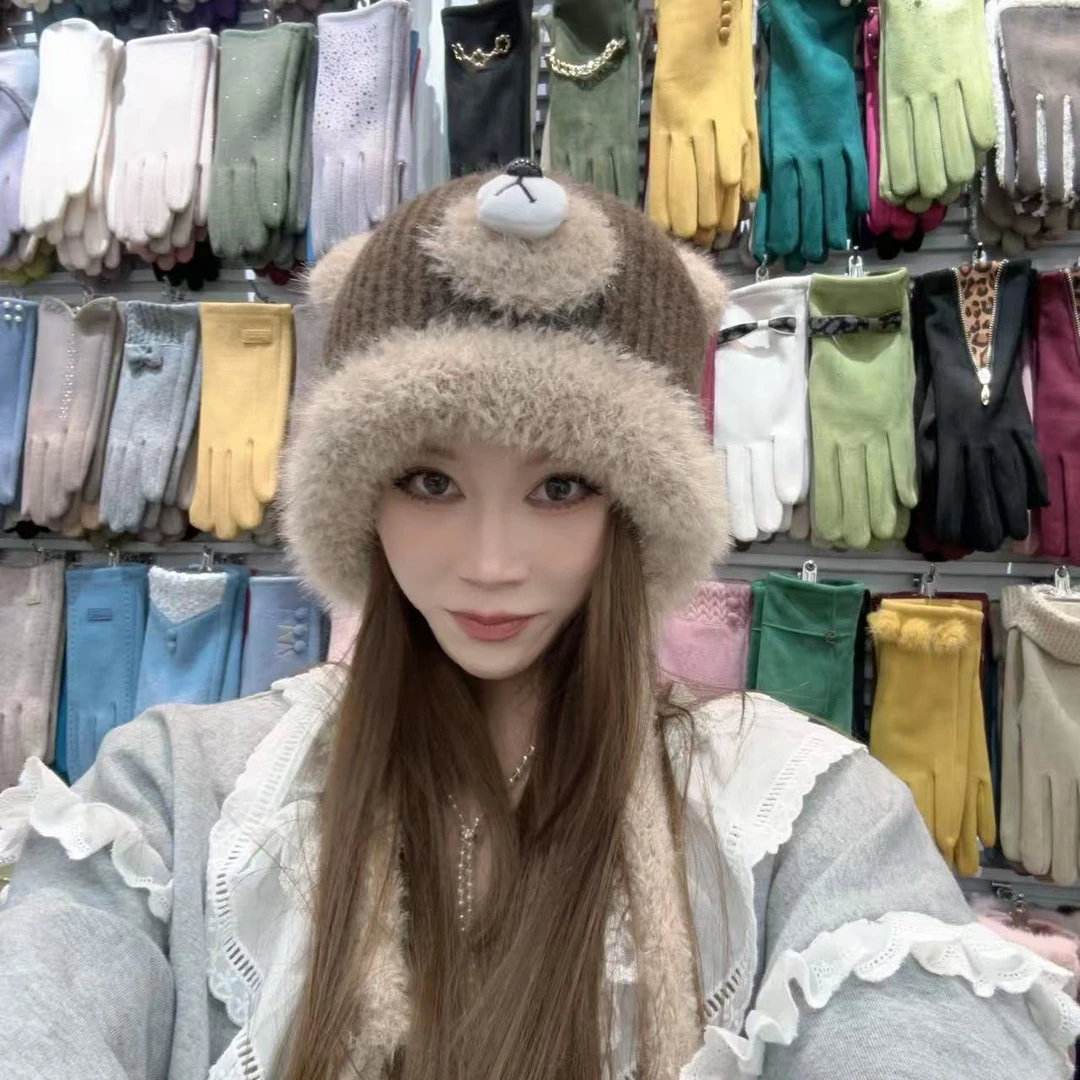 N109咖色小熊加厚帽子