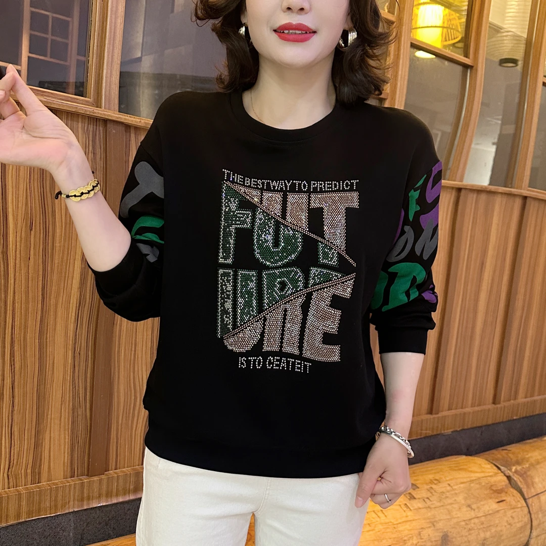 秋季字母烫钻宽松显瘦圆领卫衣印花百搭时尚洋气长袖上衣Y8803