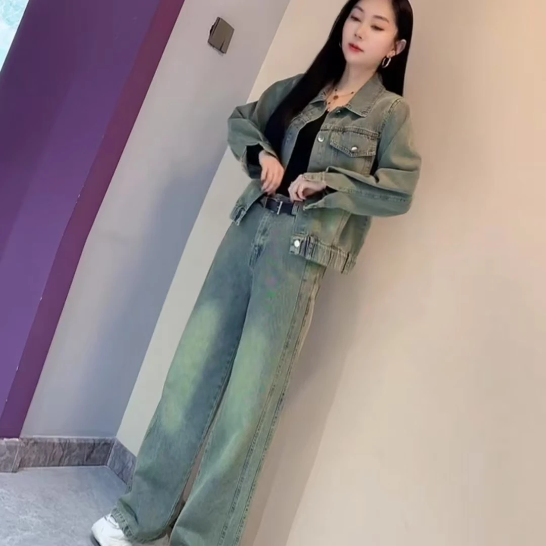 韩版复古时尚牛仔套装秋季新款洋气显瘦长袖外套休闲高腰直筒裤