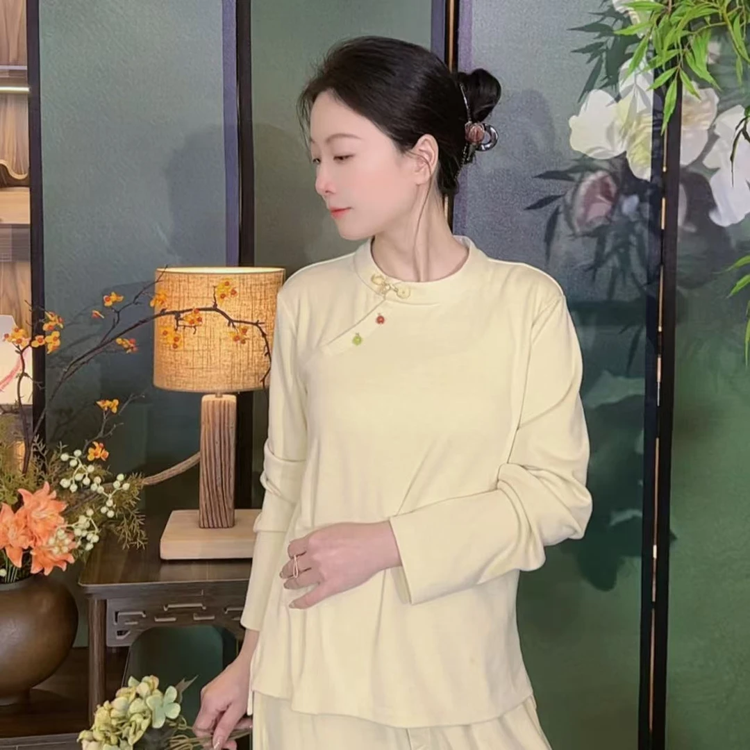 原创新中式东方简约国风羊毛素雅盘扣上衣气质套装