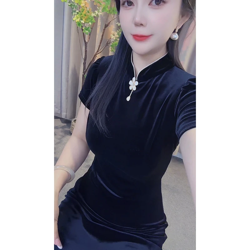 宏依莲高腰夏季夏季开叉弹力连衣裙旗袍复古黑色时尚中国风开叉