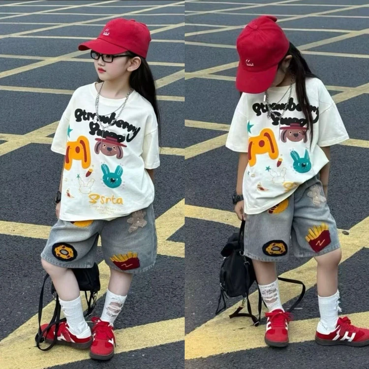 女童夏季套装中大童新款卡通宽松洋气短袖刺绣五分牛仔裤一整套潮