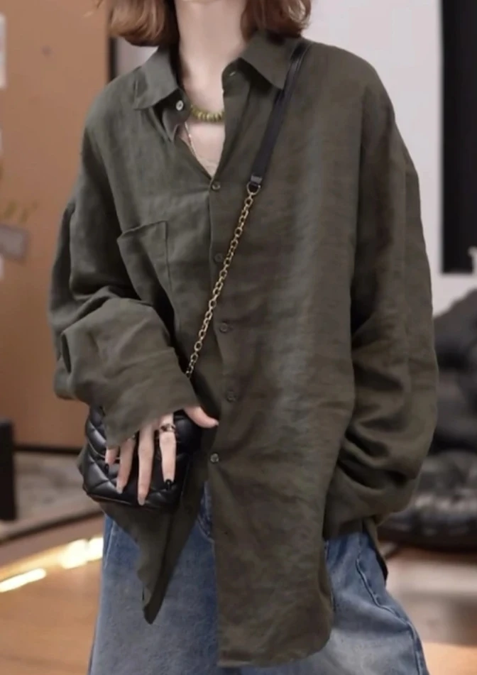 100%亚麻纯色口袋长袖开衫中长版早秋新款百搭休闲通勤衬衫
