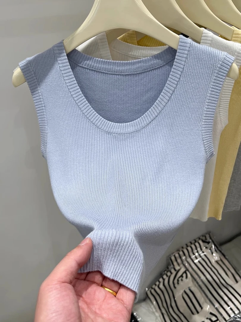 纯色百搭坑条薄针织小背心春夏新款修身短款高腰无袖打底衫I3-18
