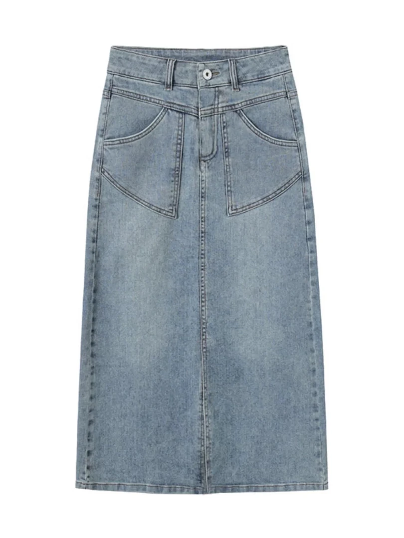 【A020】前开叉牛仔半身裙子女2025年高腰中长款新款百搭休闲直筒裙