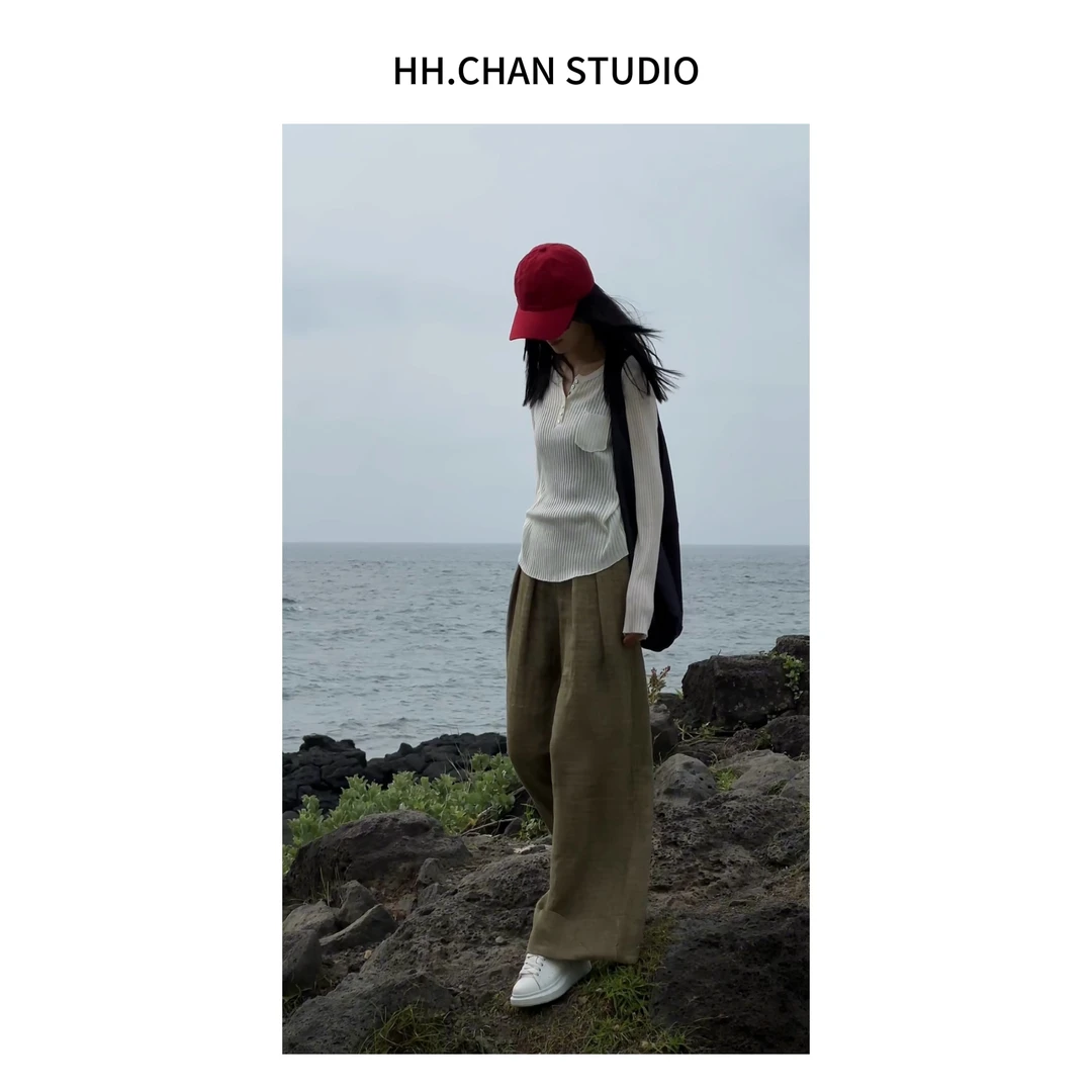 HH.CHAN“绿光”100%亚麻透气亲肤早秋百搭宽松小绿裤