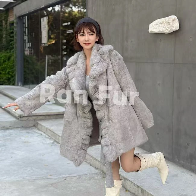 苒苒【逐梦少女】安哥拉长毛兔荷叶领秋冬中长款外套