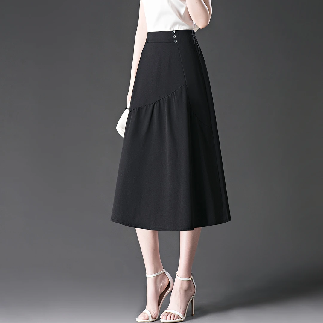 夏季新款中年女士宽松显瘦半身裙垂顺免烫七分A字裙松紧腰中长裙