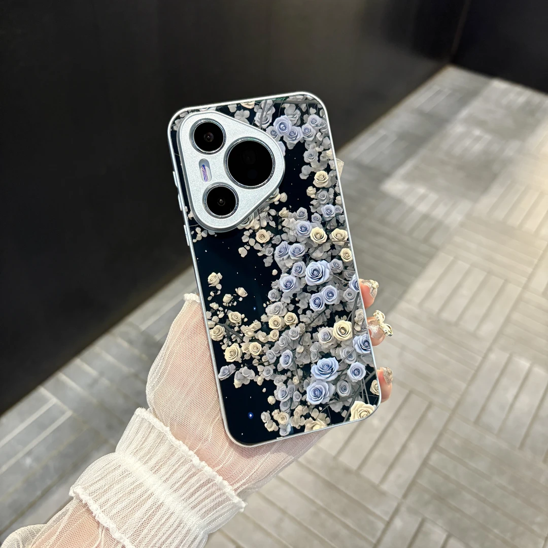 苹果/华为/oppo/vivo/小米 复古玫瑰适用pura70肤感玻璃手机壳