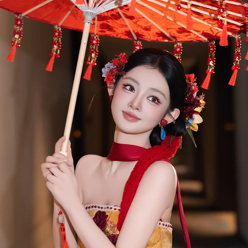 非金属布艺婚庆饰品 新娘手作仙美红色仿真花结婚纯欲发饰MC3841T