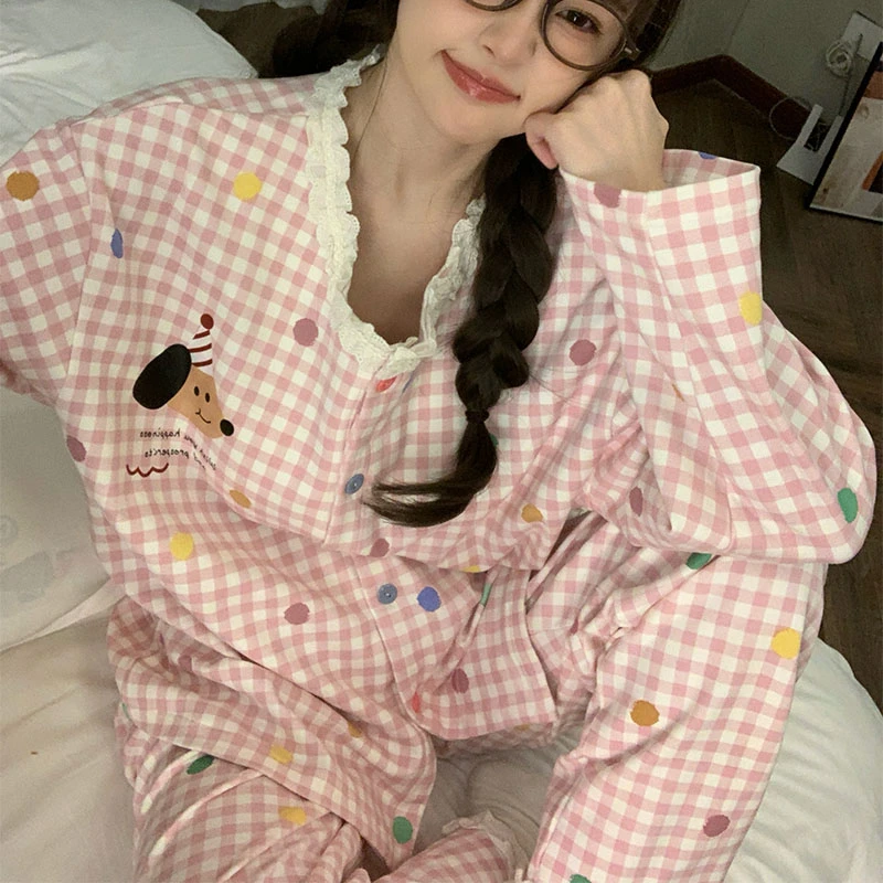 春秋季爆款粉格波点长袖长裤睡衣女款甜美宽松女士棉绸家居服套装