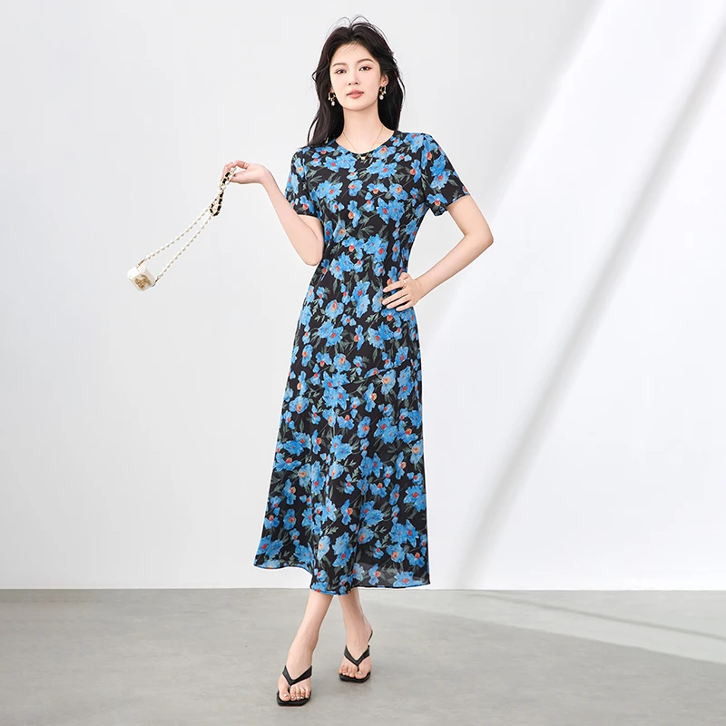 2507812-蓝色玛格丽特度假风印花连衣裙收腰长裙显瘦遮肉南油女装