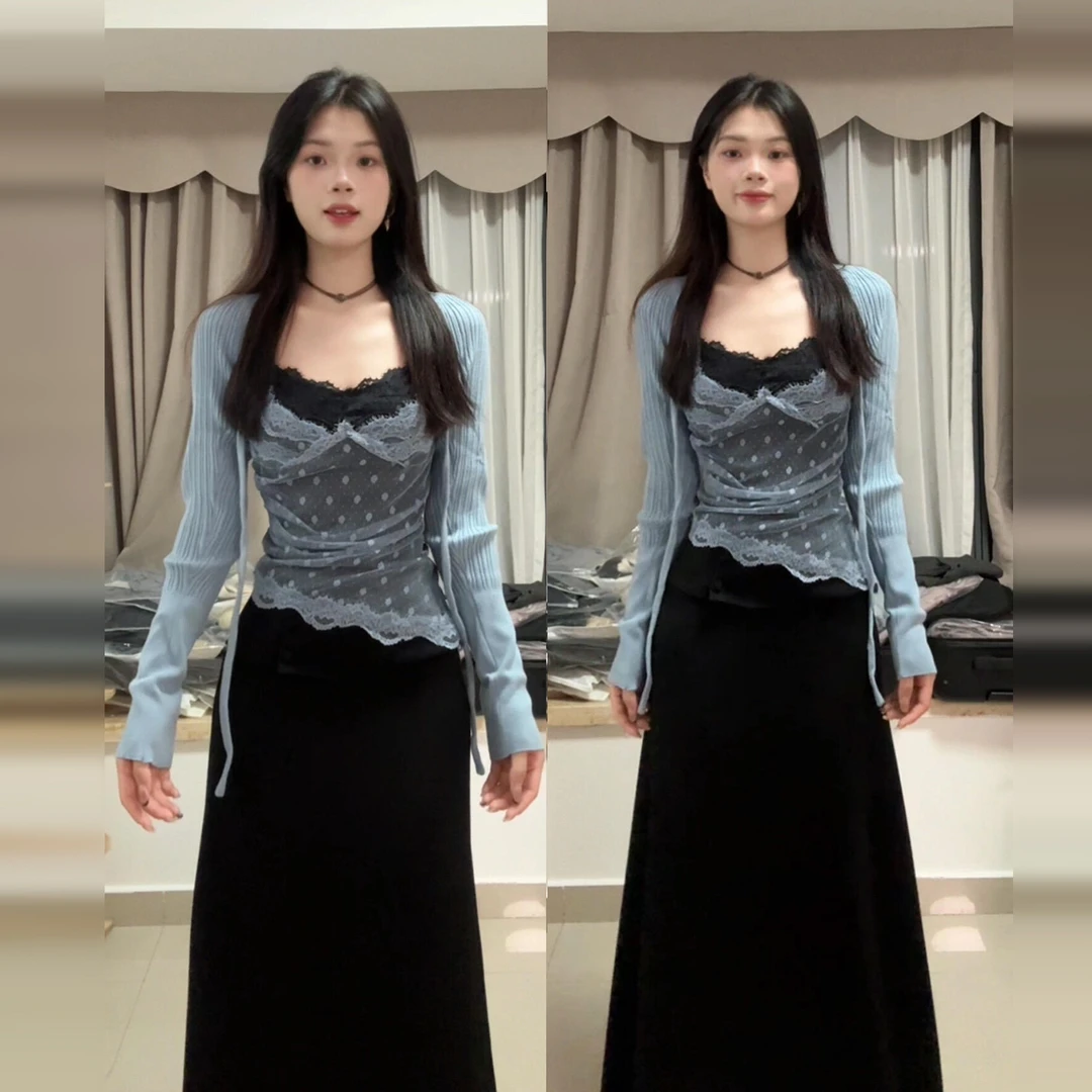 御姐风黑色蕾丝吊带连衣裙子女装2026秋冬季新款韩系穿搭绝美长裙