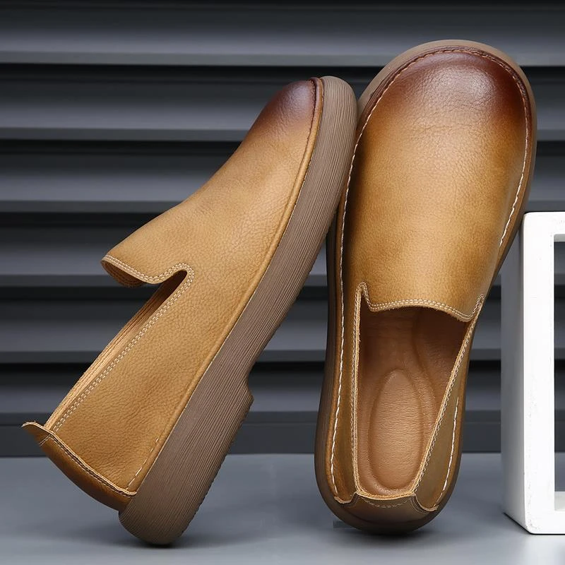 2025皮厚底乐福鞋男真皮软底休闲大头皮鞋男士一脚蹬透气豆豆鞋