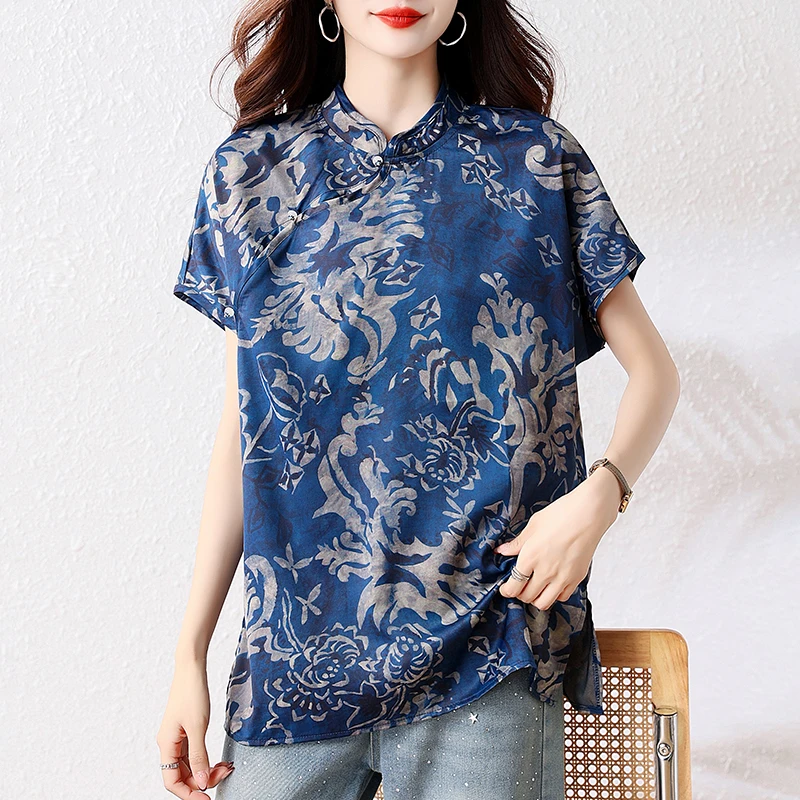 国风立领斜襟盘扣短袖衬衫女2025夏季新款复古青花瓷印花小衫上衣