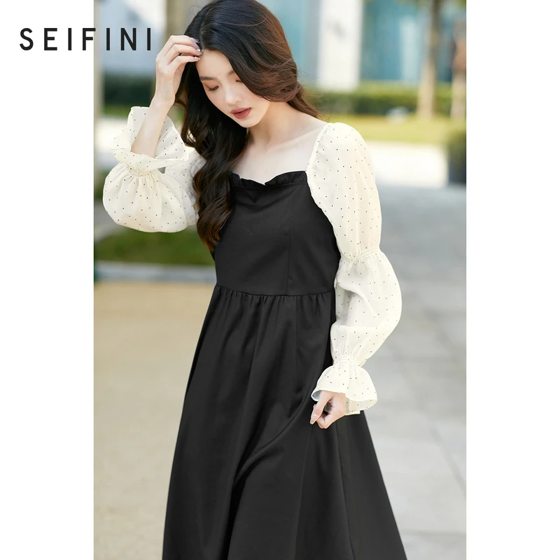 0601【赵老板】诗凡黎假两件连衣裙女新款波点泡泡袖拼接撞色法式