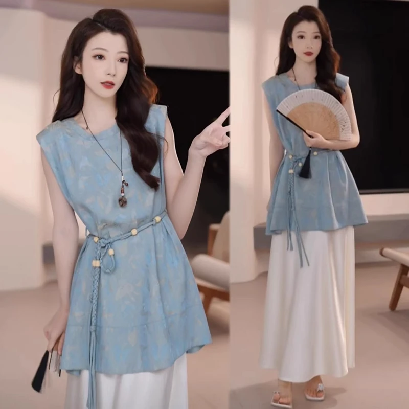 La babite新中式连衣裙套装女2025夏季提花马甲背心半身裙三件套