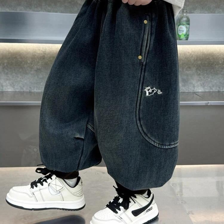 男童加绒裤子秋冬款2025新款儿童一体绒直筒帅气加厚男宝宝牛仔裤