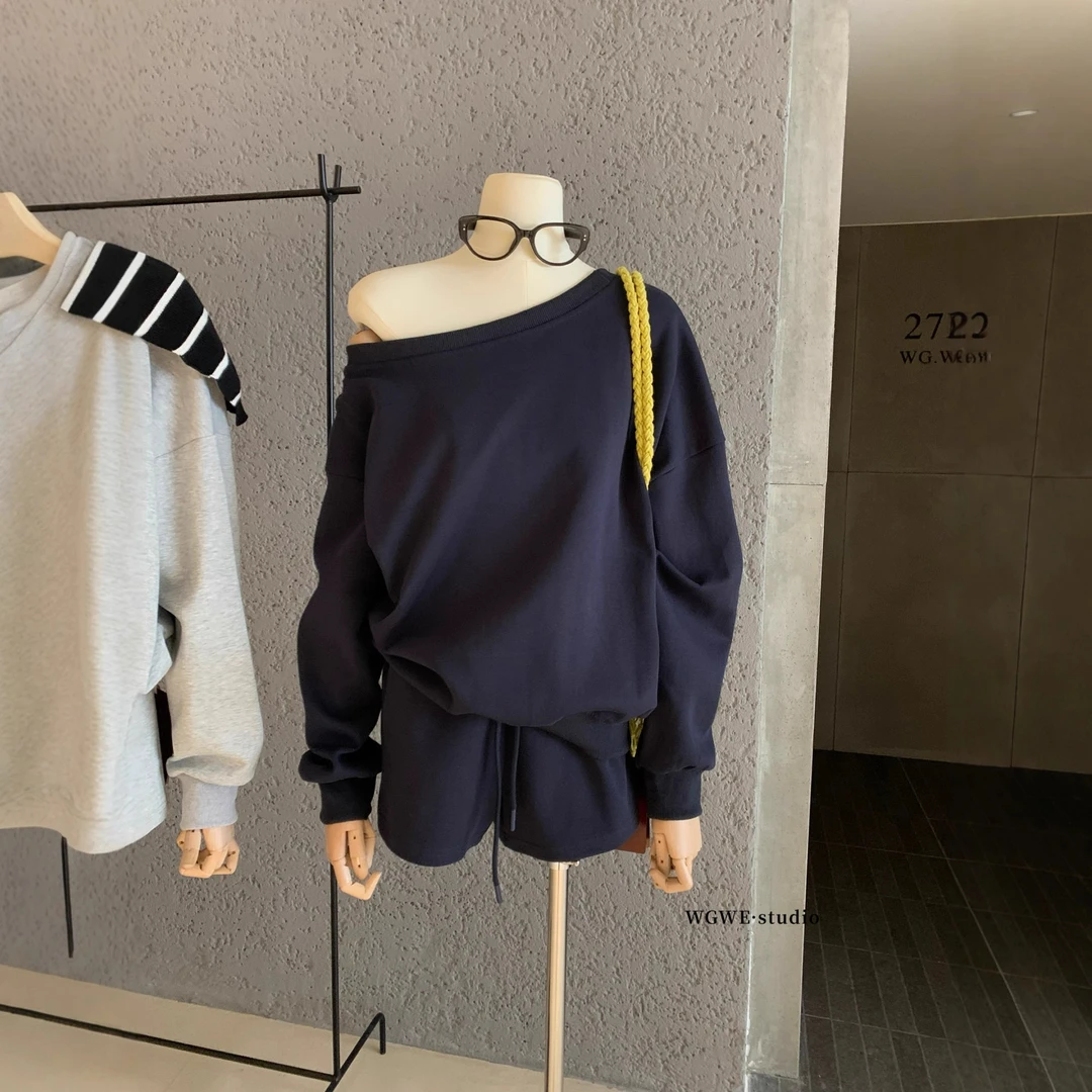 kk-2025秋装新款斜肩套头卫衣+短裤两件套装洋气