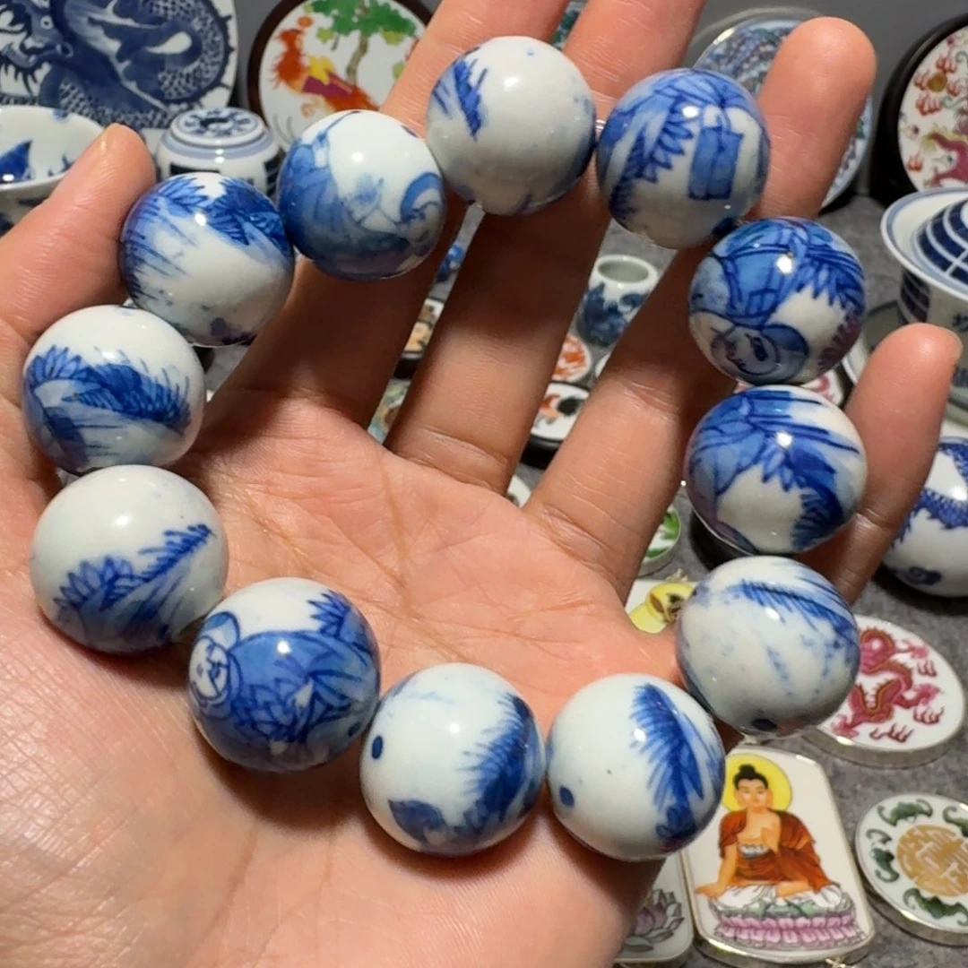 瓷片杨*伟12颗人物瓷珠一串