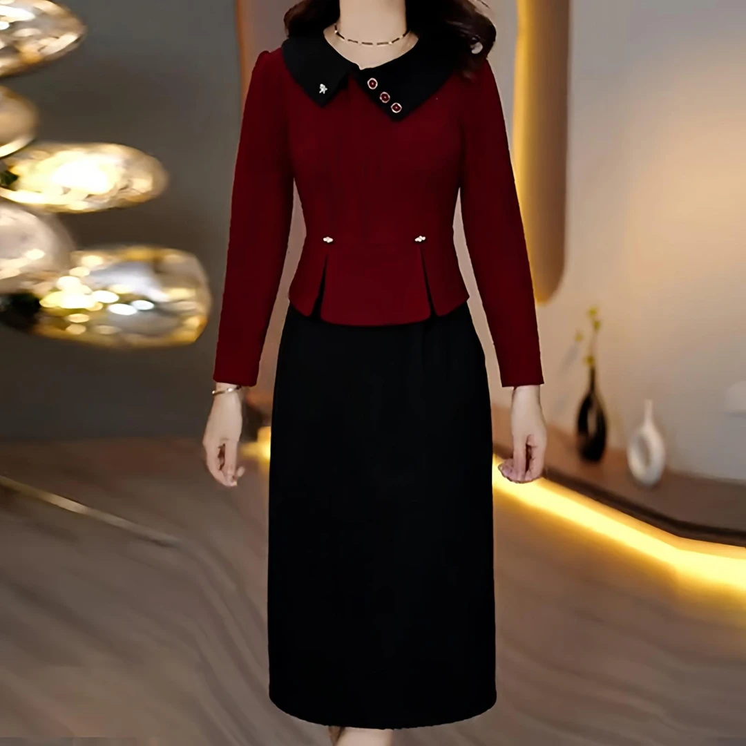 喜婆婆红色假两件连衣裙女2024冬季新款中年妈妈装高端显瘦长裙子