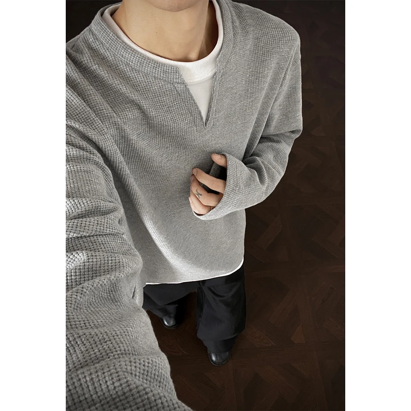 华夫格V领长袖t恤男2025秋季新款美式潮牌卫衣款式休闲内搭打底衫