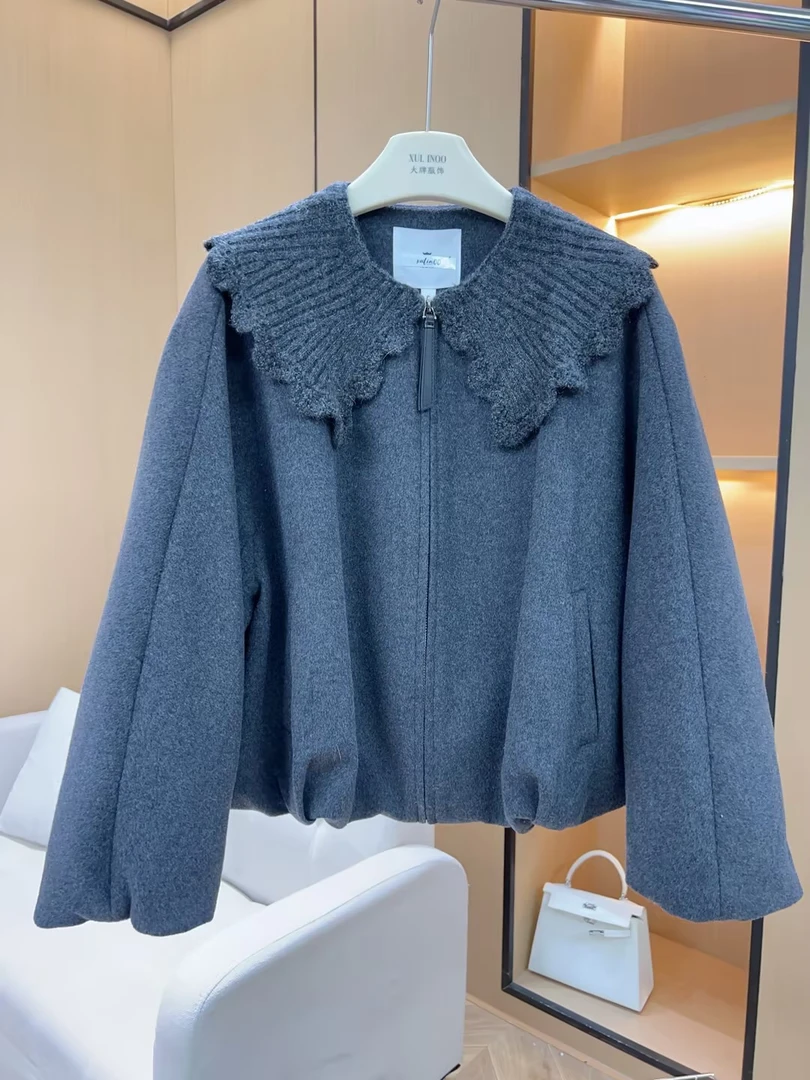 丨秋冬新款灰蓝毛衣针织大翻领灯笼袖短外套 5858