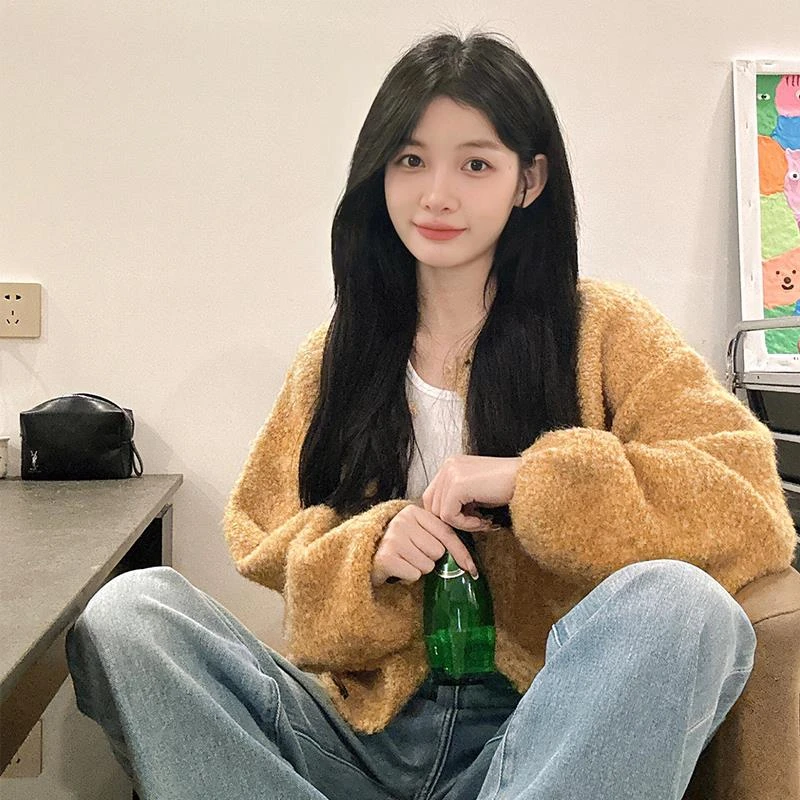 VOCKOO官方韩系慵懒风覆古橘黄色毛衣针织开衫2025早春季新款小个