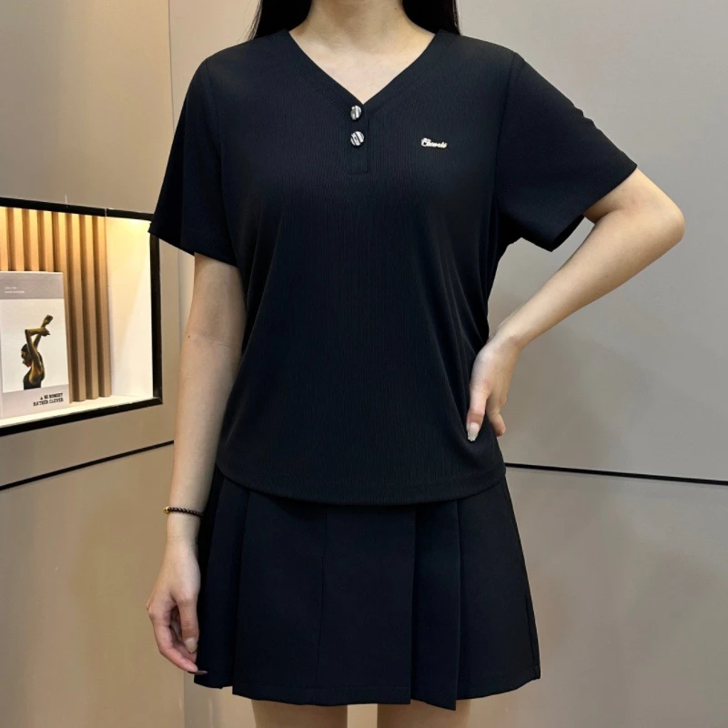 胖MM青 D25020正肩V领纽扣气质T恤收腰显瘦小众上衣休闲设计感