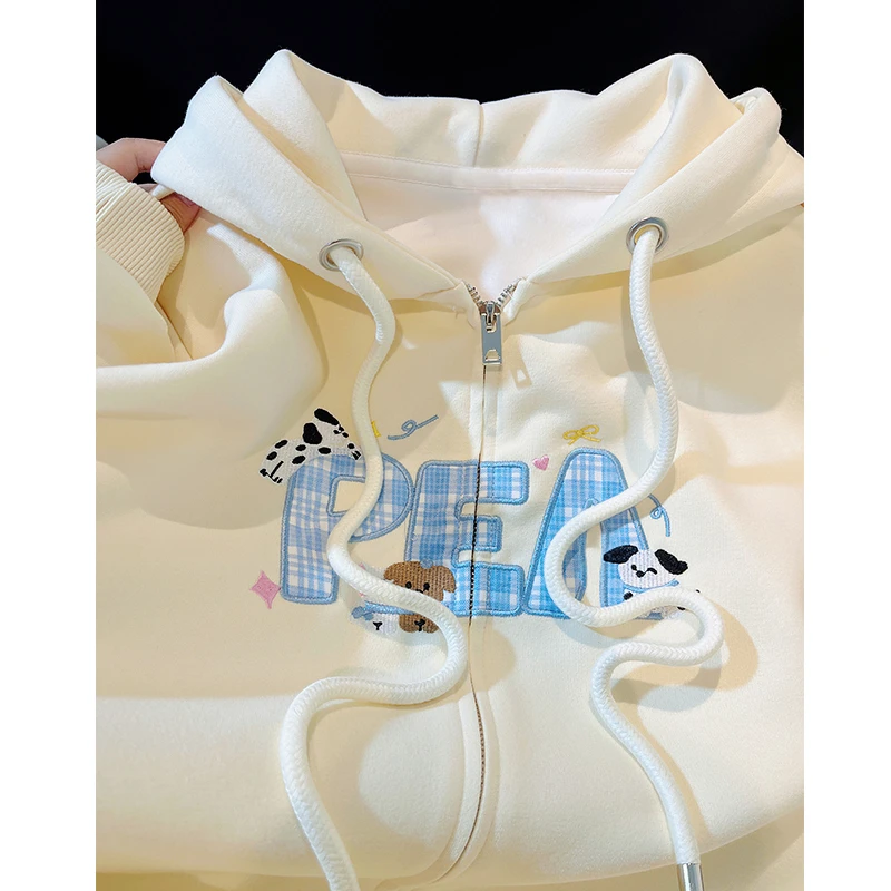 奶杏色韩系连帽卫衣女秋冬2025爆款时尚贴布绣字母中长款加厚外套