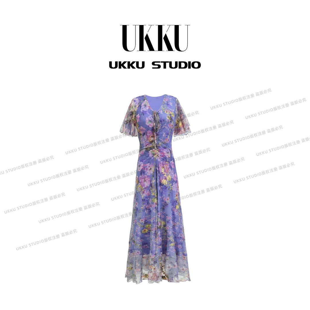 慧慧【UKKU STUDIO】轻奢紫色显瘦韵味气质碎花收腰连衣裙814491