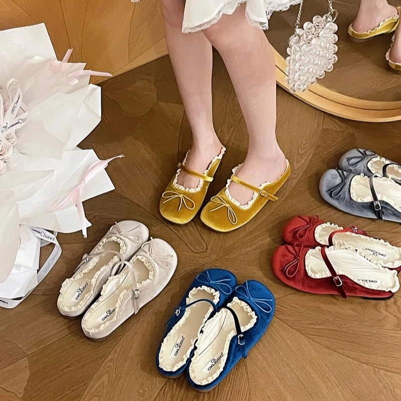 美猫汇真皮底法式复古丝绒蕾丝包头拖鞋女圆头浅口蝴蝶结仙女凉拖