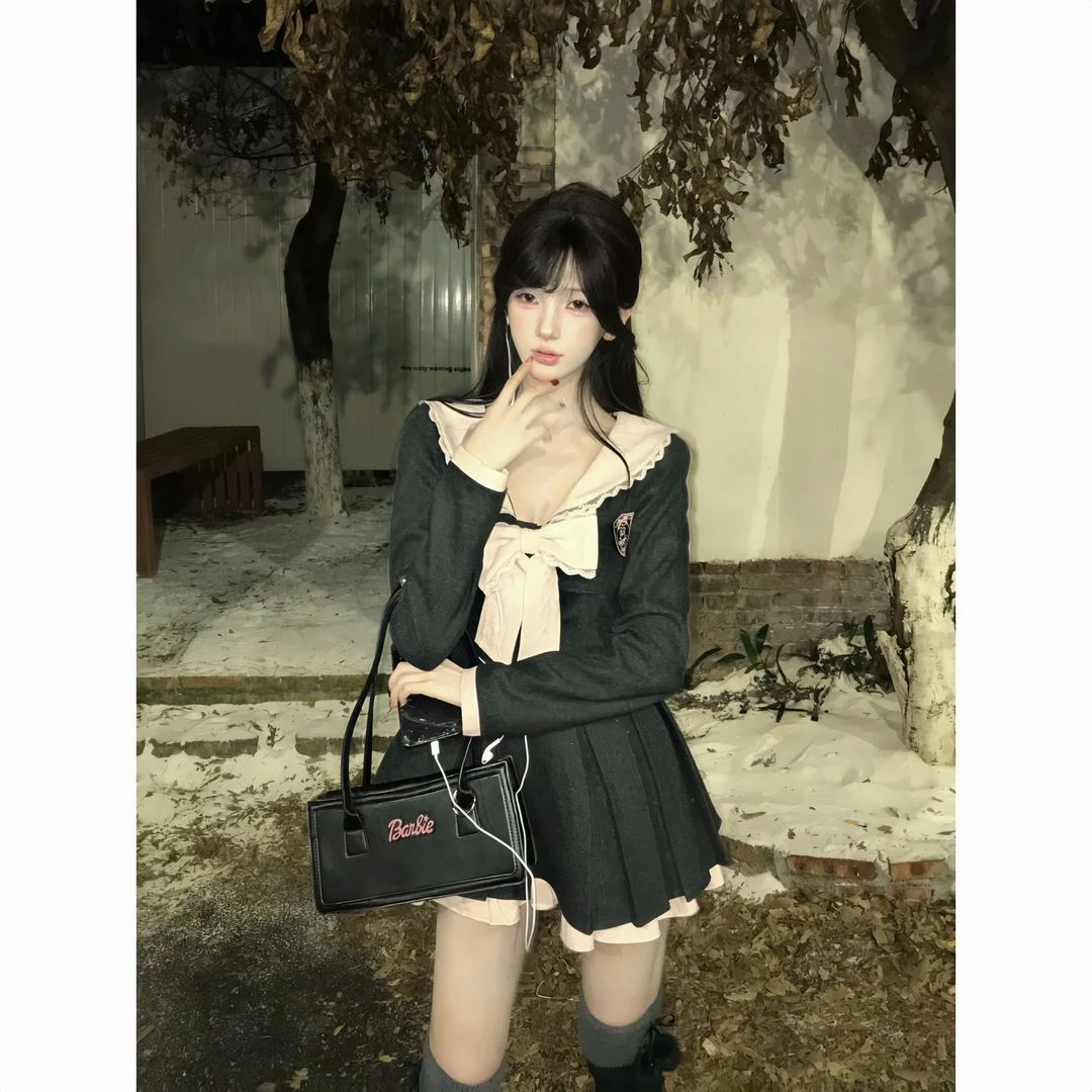 瑞茜·威瑟斯 首尔女高 学院风小众设计感海军领连衣裙R9113D