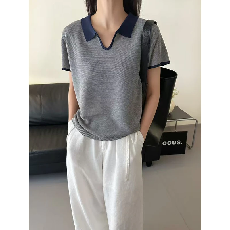 4028【简约穿搭】2025新款法式polo领撞色针织短袖上衣