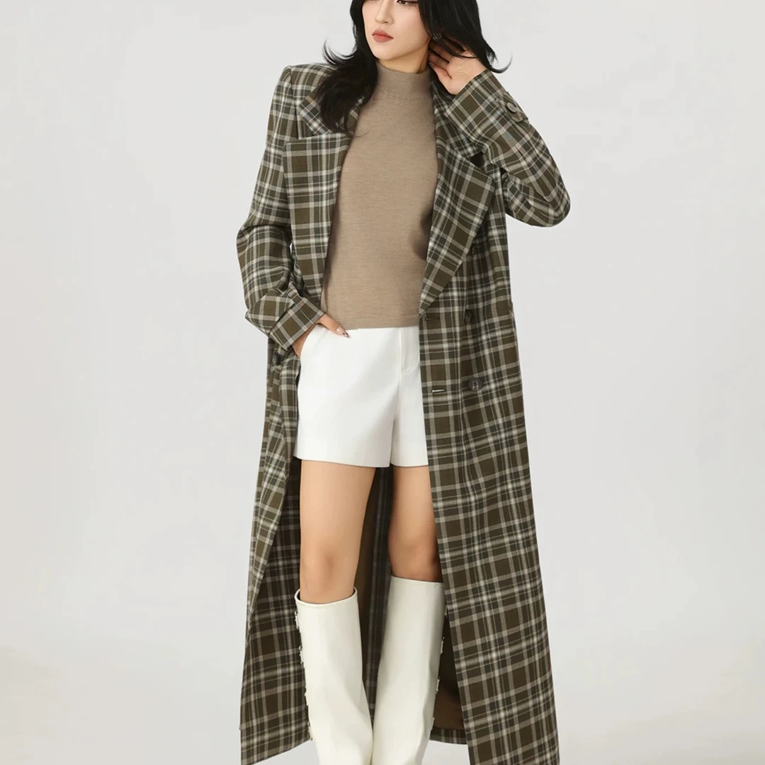 秋季新款复古港风收腰格纹长款风衣附腰带经典设计540081