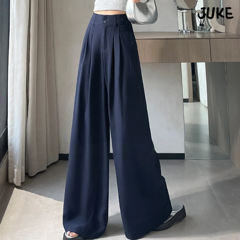 藏青色亚麻阔腿裤女夏季薄款高腰垂感休闲直筒慵懒老钱松弛西装裤