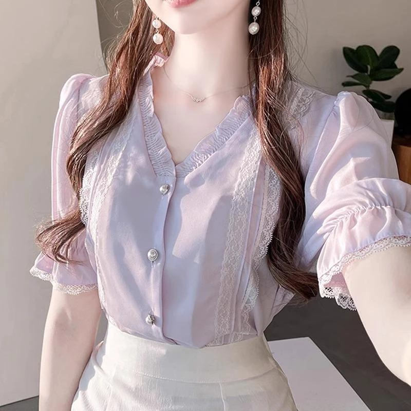 衬衫女夏季2025新款时尚洋气蕾丝木耳边小衫气质减龄紫色短袖上衣