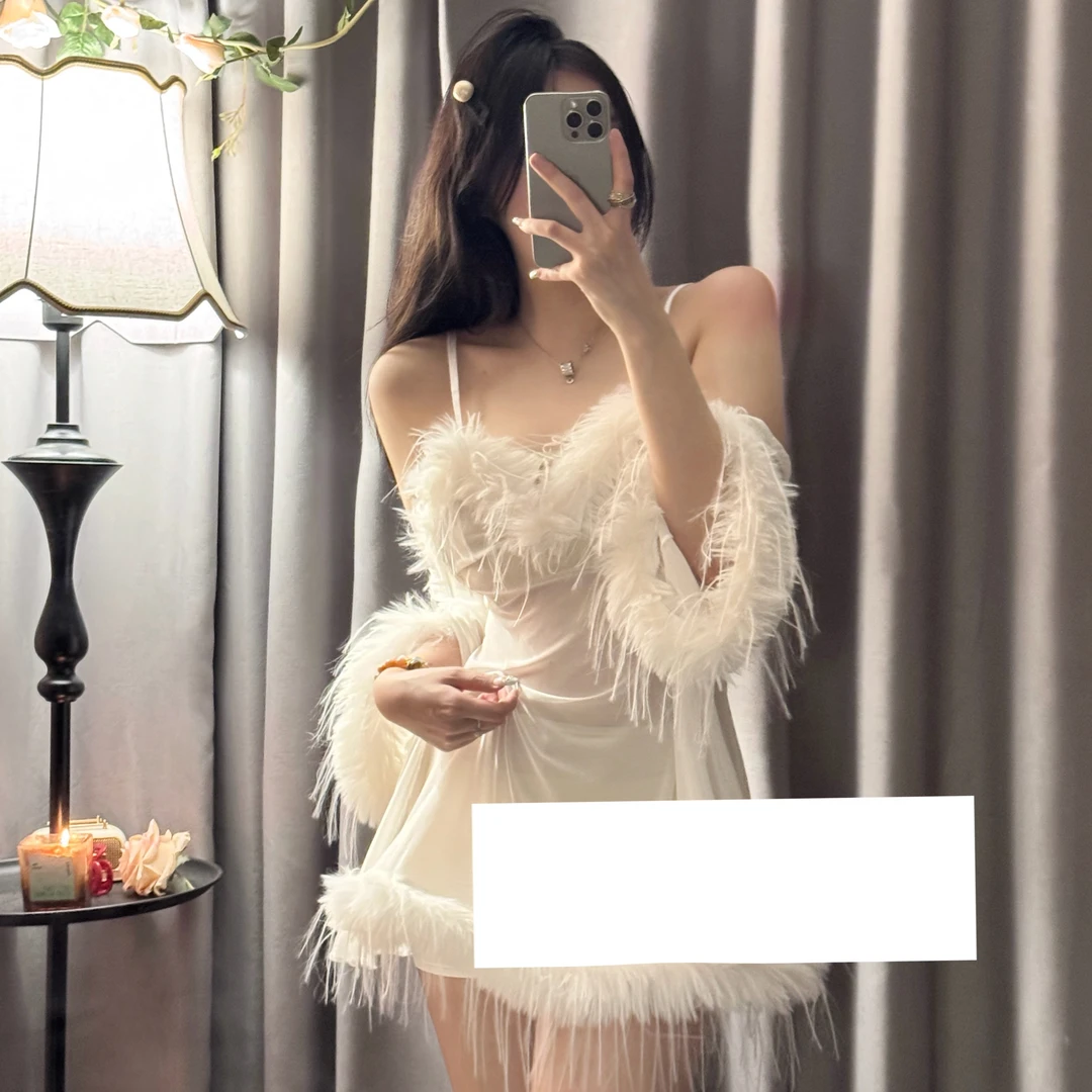 【椰子冰粥】夏款女士纯欲轻纱吊带睡裙外袍套装法式白色蕾丝显瘦