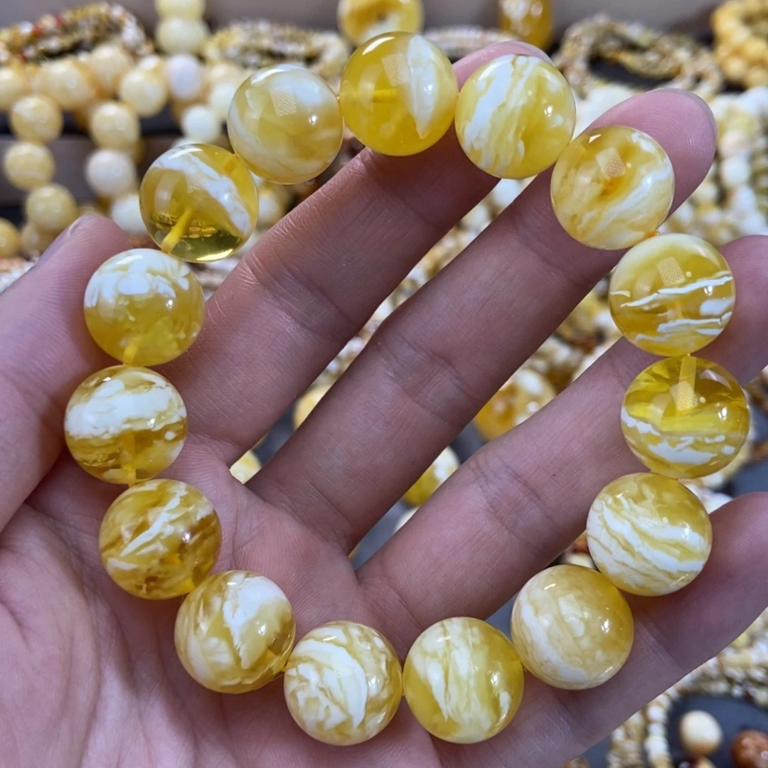 琥珀未镶嵌手链15+mm金瓷白虎皮纹