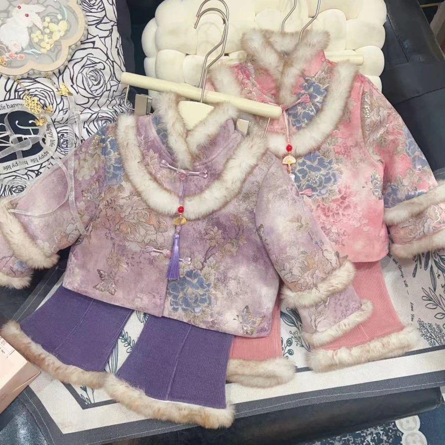 HHkids冬装汉服套装2025新款夹棉加厚洋气唐装中国风拜年服BTZ028