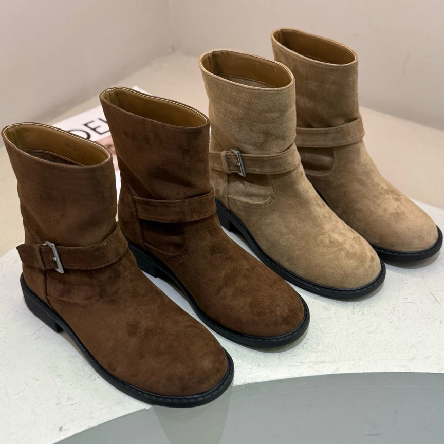 2025秋冬小众套筒短靴粗跟皮带扣马丁靴女法式显瘦绒面西部靴