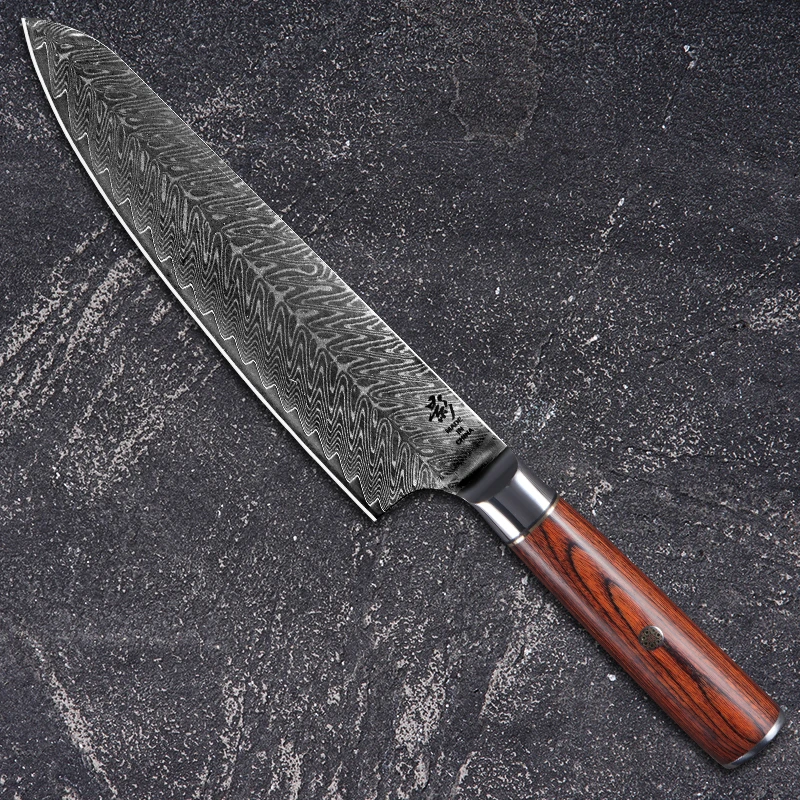 真大马士革鱼骨纹红彩木手柄10cr15mov超快西式主厨超薄牛刀