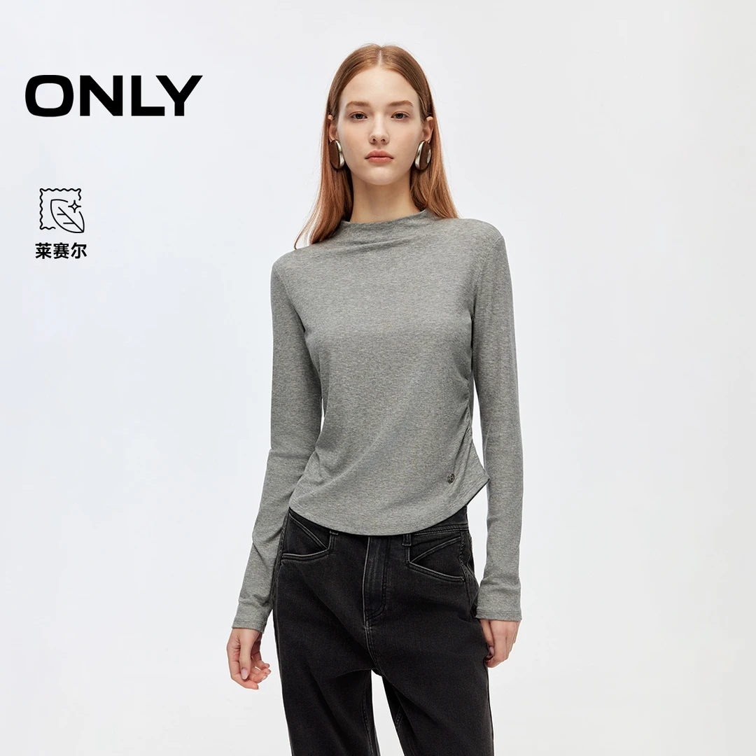 ONLY2025秋季新款舒适亲肤两侧捏褶修身弹力长袖T恤女|125302032