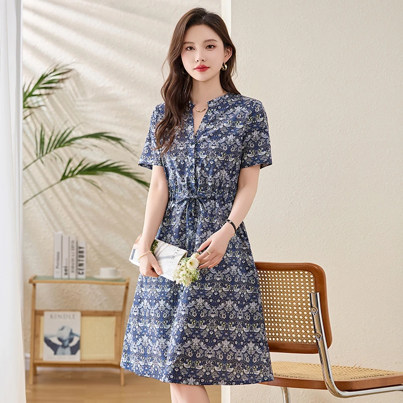柏菲妮时尚休闲碎花棉麻连衣裙女装2025新款夏装气质显瘦收腰裙子