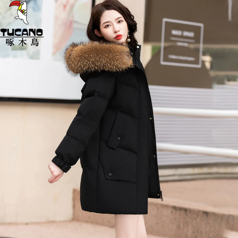 啄木鸟黑色大毛领羽绒服女款中长款冬季2024新款高端洋气中年外套