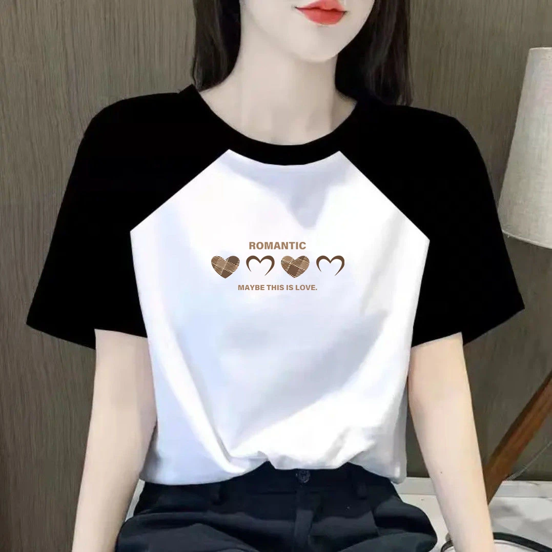 2025夏季新款微胖显瘦撞色插肩短袖T恤宽松圆领百搭女装上衣t恤