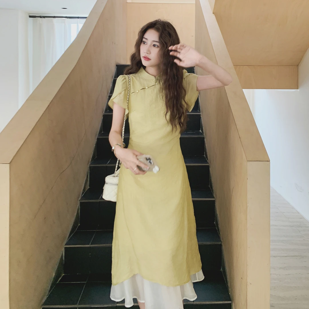 新中式国风黄色拼接连衣裙女夏2025新款甜美显瘦今年流行漂亮长裙