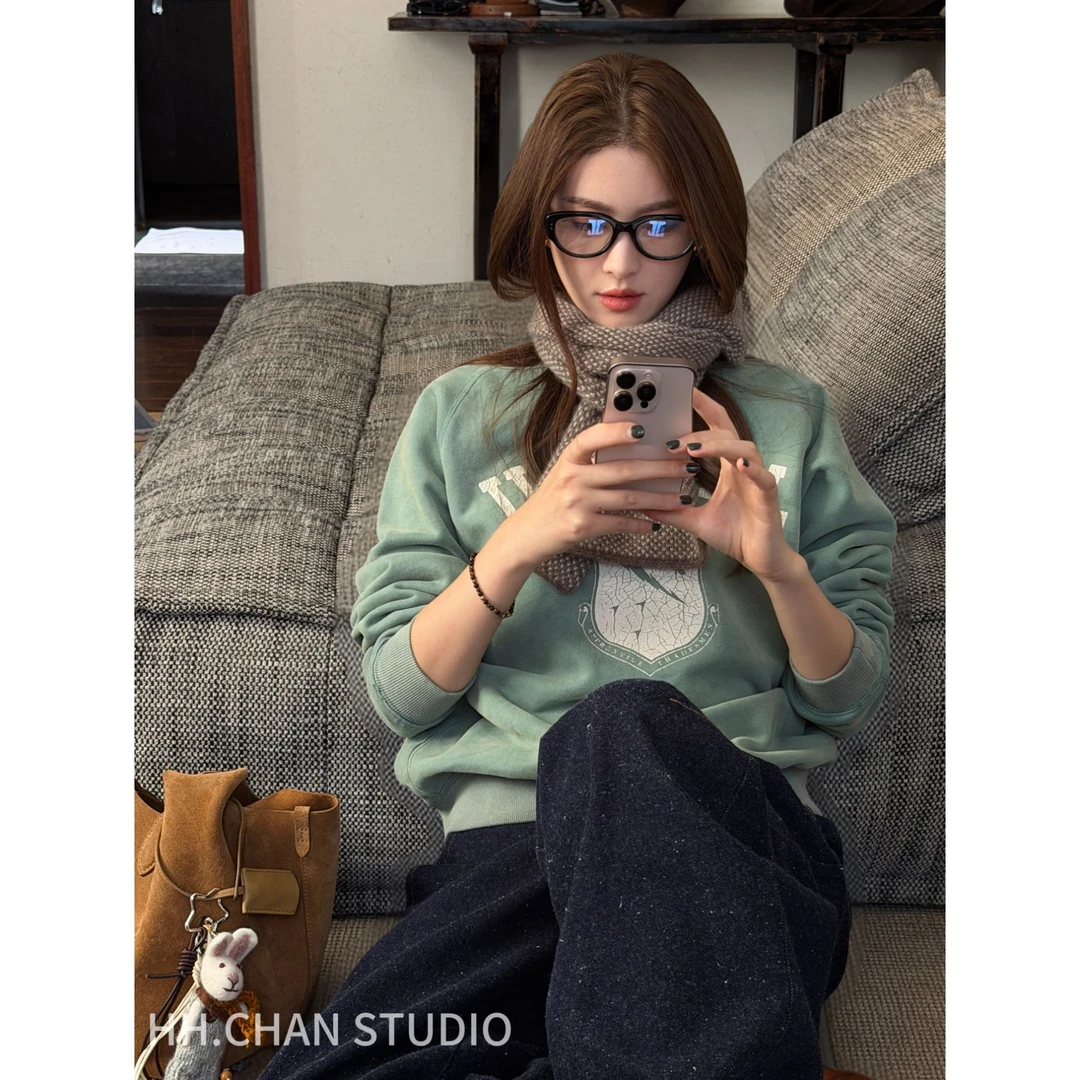 HH.CHAN"美式复古"1990sRL中古做旧绿圆领炒色卫衣HH53H37635